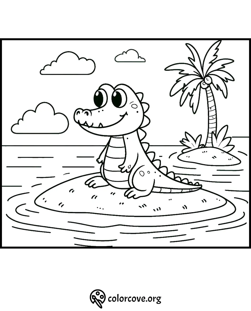 Happy alligator on an island with palm tree coloring page for kids at colorcove.org