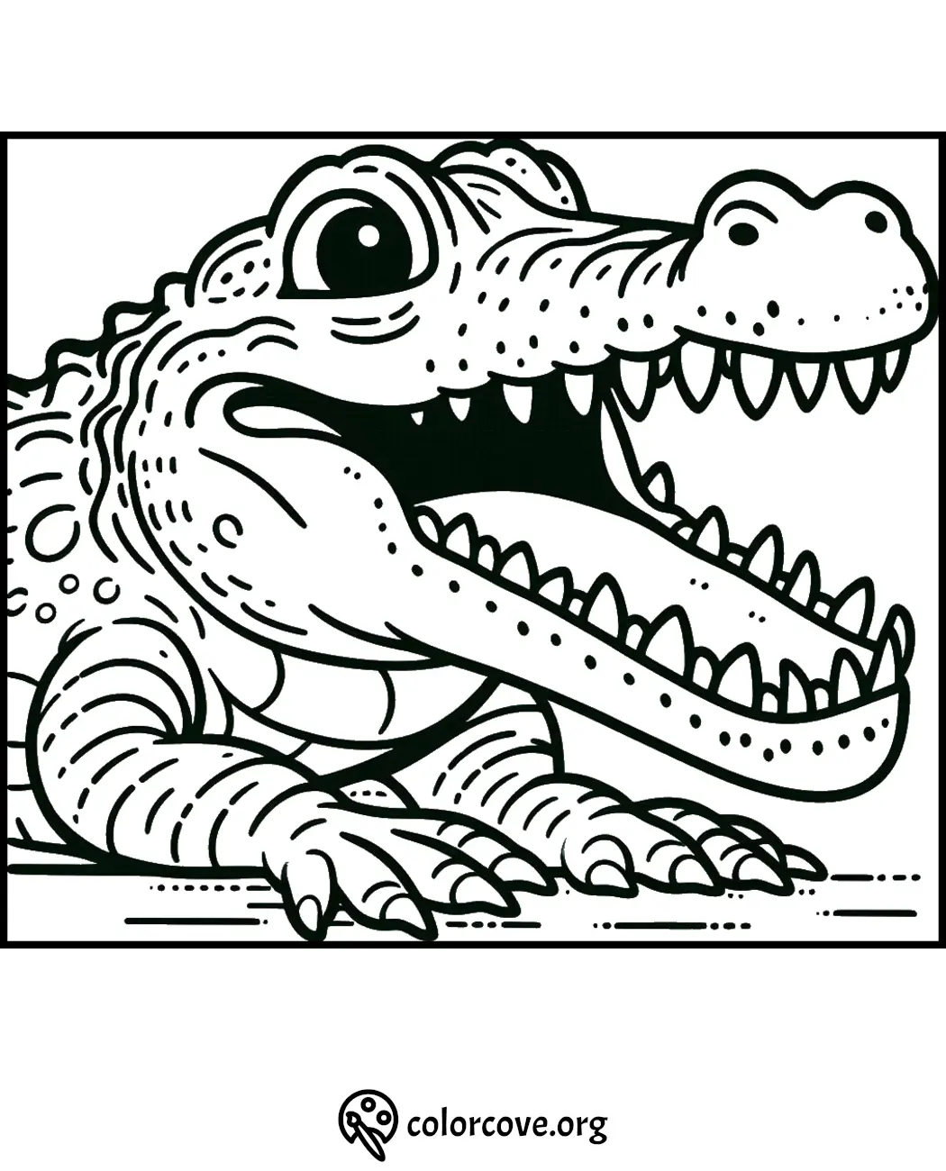 Coloring page of a crocodile with mouth open, ready to color. Perfect for kids who love fun animal coloring activities.