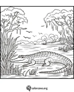 Alligator coloring page with detailed swamp scenery, trees, birds, and water plants for kids and adults to color.