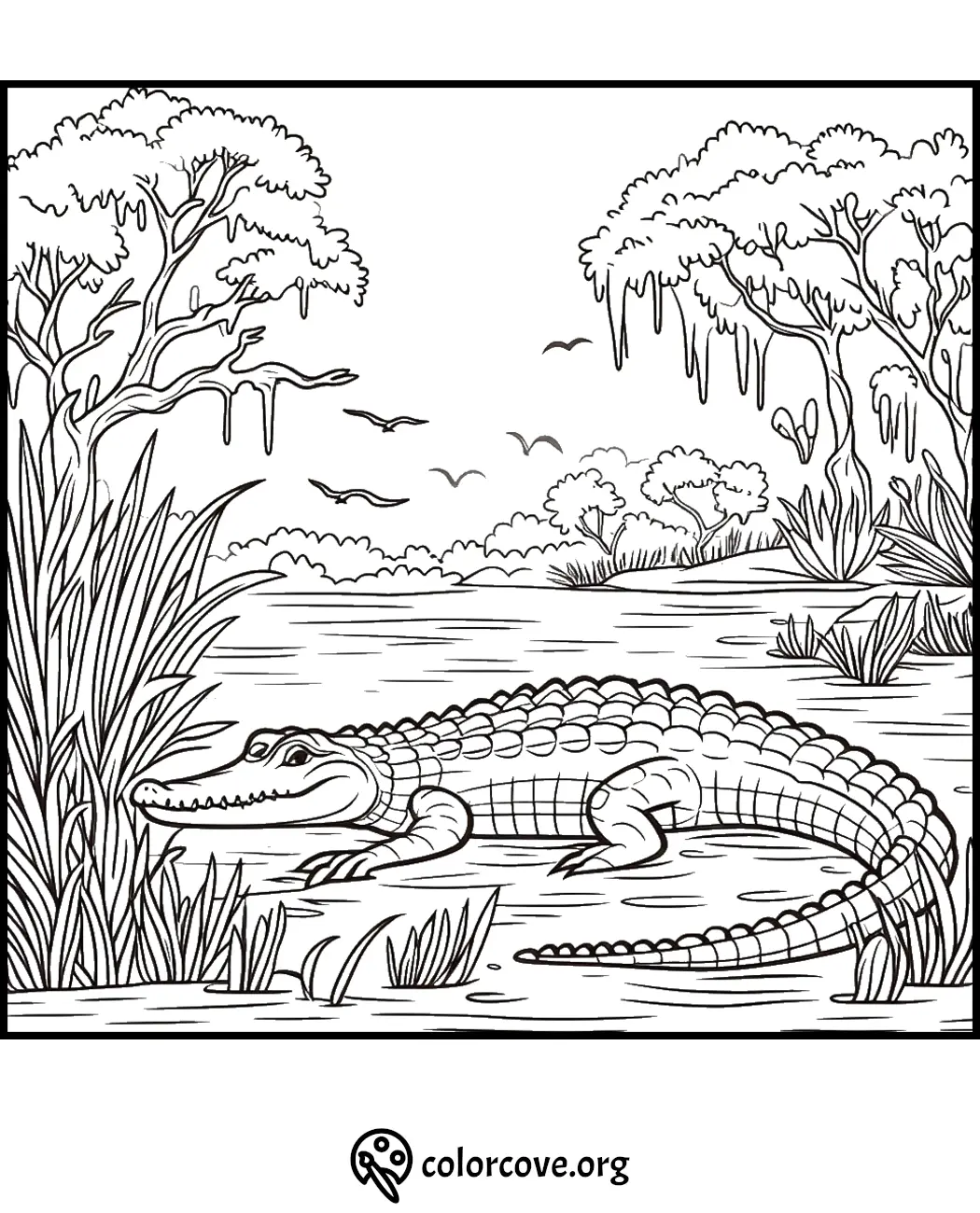 Alligator coloring page with detailed swamp scenery, trees, birds, and water plants for kids and adults to color.