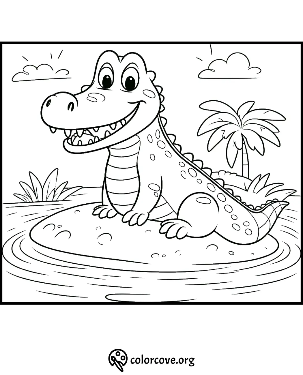 Cartoon crocodile sitting on an island with palm trees and clouds in the background - coloring page.