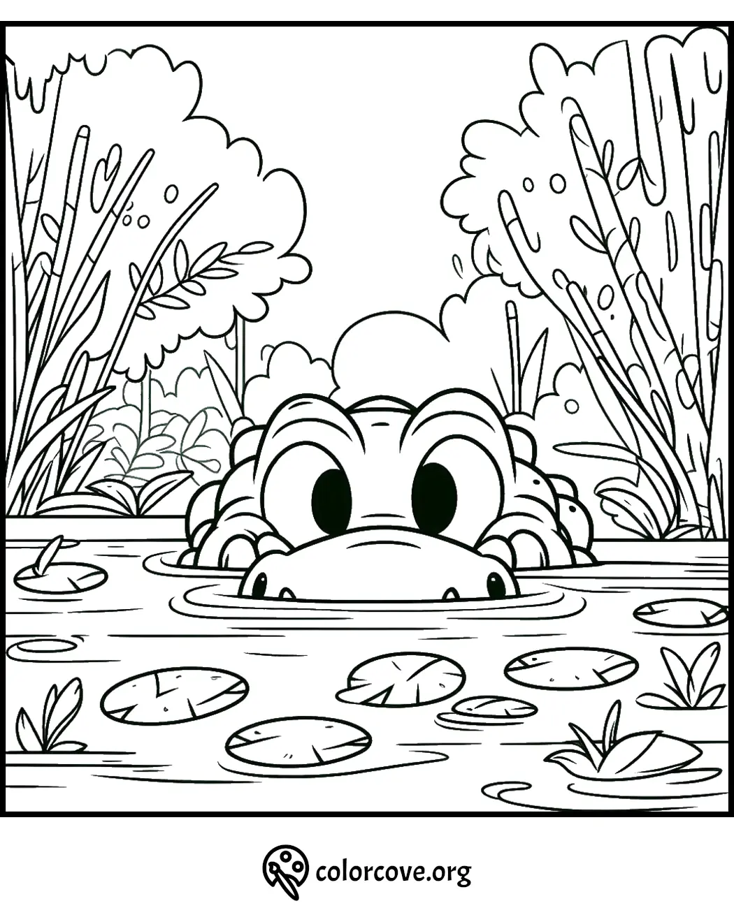 Coloring page of a cute alligator peeking above water in a lily pond surrounded by lush vegetation.