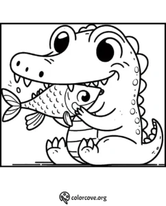 Cute baby crocodile coloring page holding a fish. Perfect for kids' activities and fun coloring sessions.