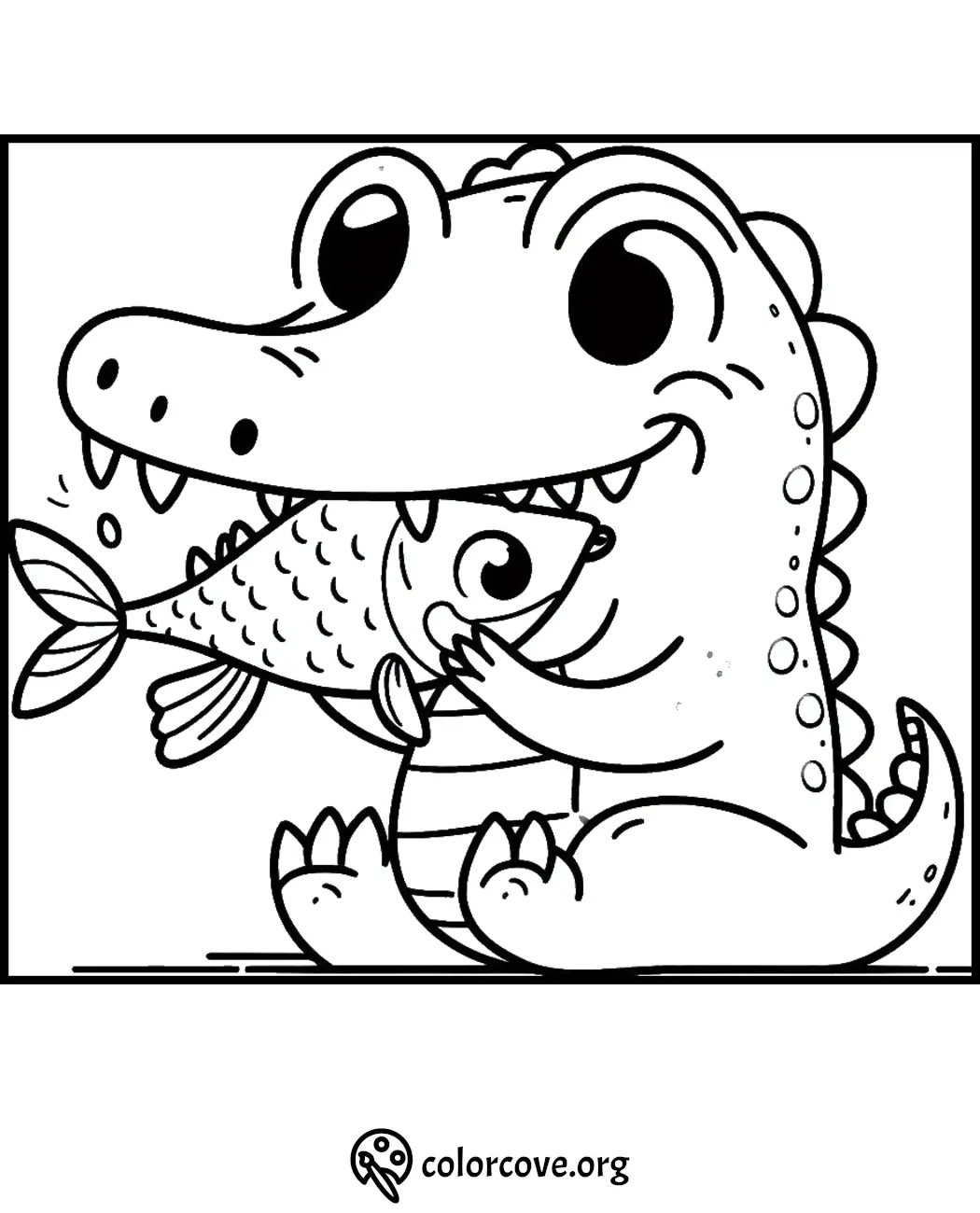 Cute baby crocodile coloring page holding a fish. Perfect for kids' activities and fun coloring sessions.