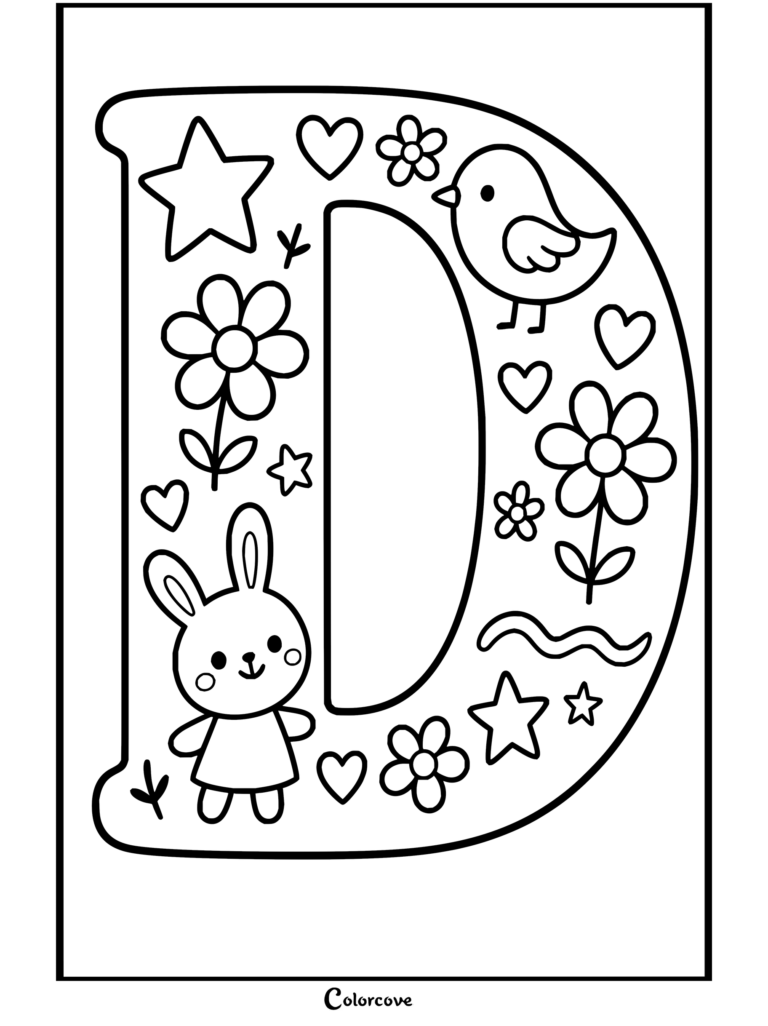 Lindo dibujo para colorear de la letra D con un conejito, un pájaro, flores y estrellas para aprender Alfabeto.