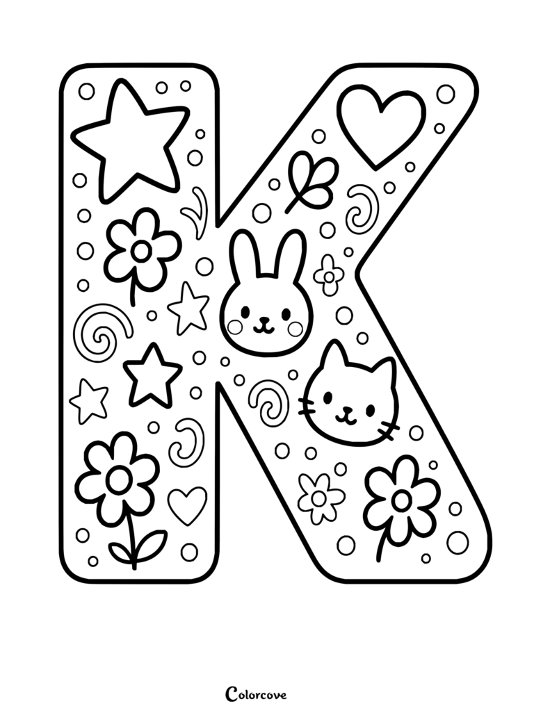 Dibujo para colorear imprimible de Alfabeto con una linda letra K decorada con pegatinas y garabatos.