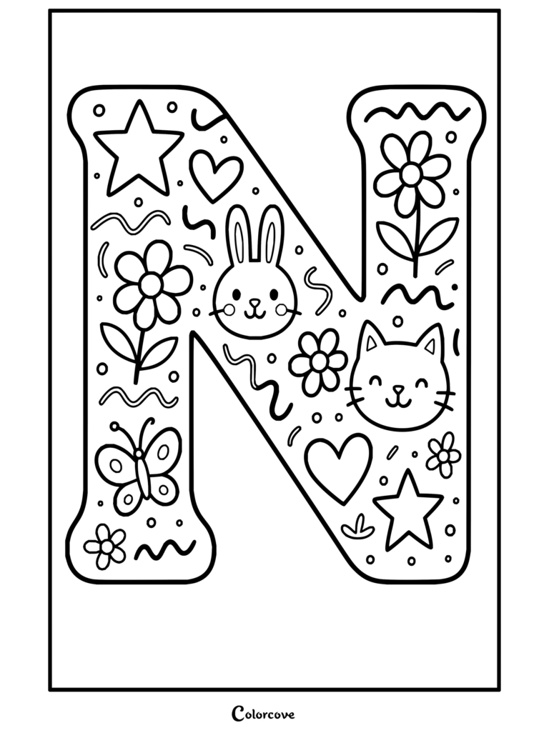 Lindo dibujo para colorear de la letra N con patrones de garabatos, flores, animales y estrellas de la serie de Alfabeto.