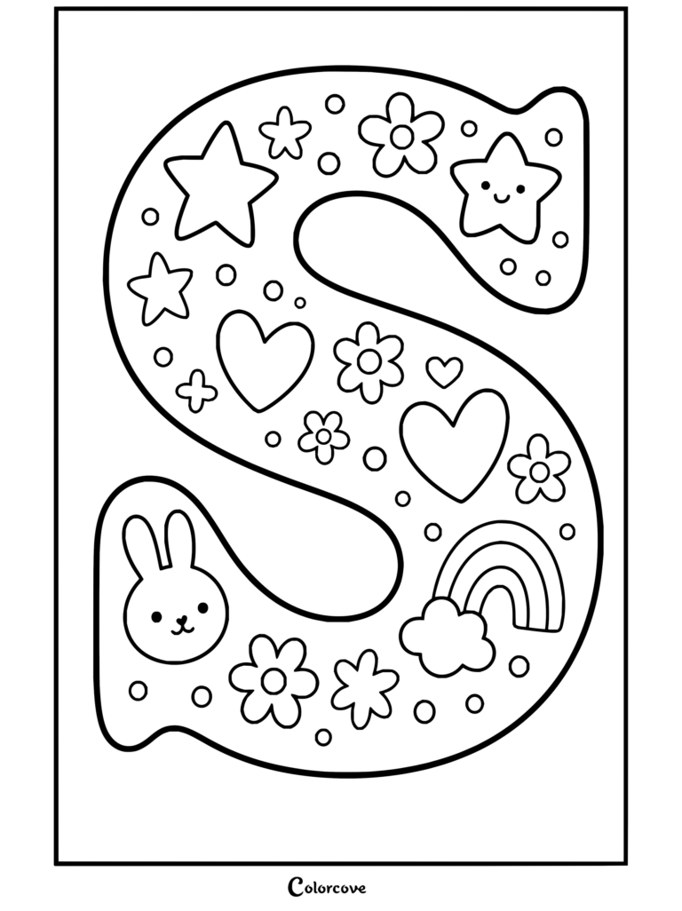 Lindo dibujo para colorear de Alfabeto con la letra S decorada con estrellas, corazones, flores, un tierno conejito y un arcoíris.