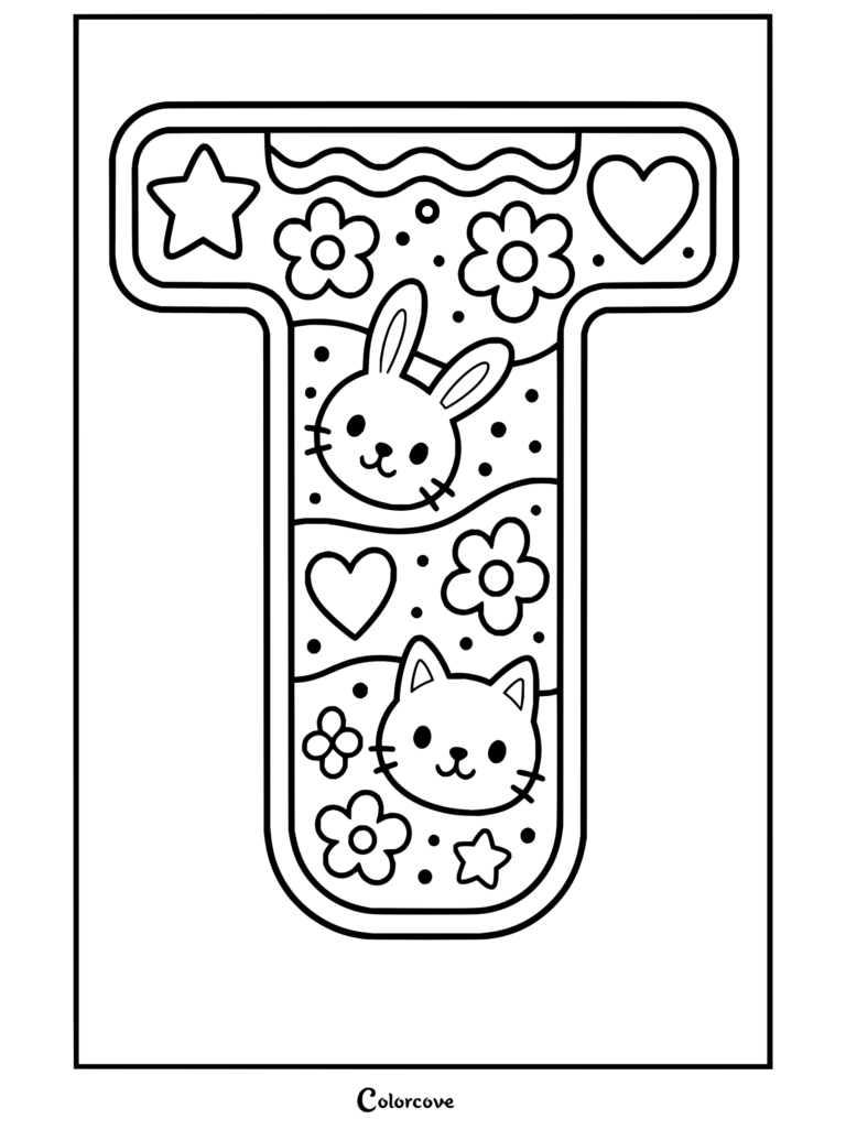 Un lindo dibujo para colorear de la letra T decorada con animales, flores y estrellas para aprender Alfabeto.