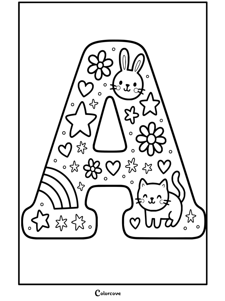 Dibujo para colorear de Alfabeto con una tierna letra A decorada con un conejito, un gato, un arcoíris, estrellas y flores.