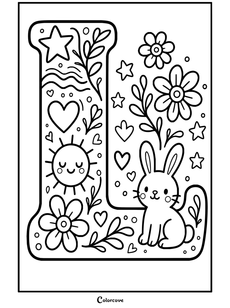 Lindo dibujo para colorear de Alfabeto con la letra L decorada con un conejito, flores, sol y estrellas.