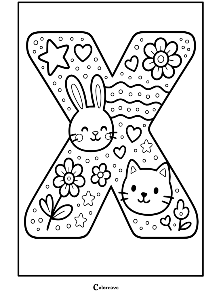 Lindo dibujo para colorear de la letra X decorada con un conejito, un gato, flores y estrellas para aprender Alfabeto.