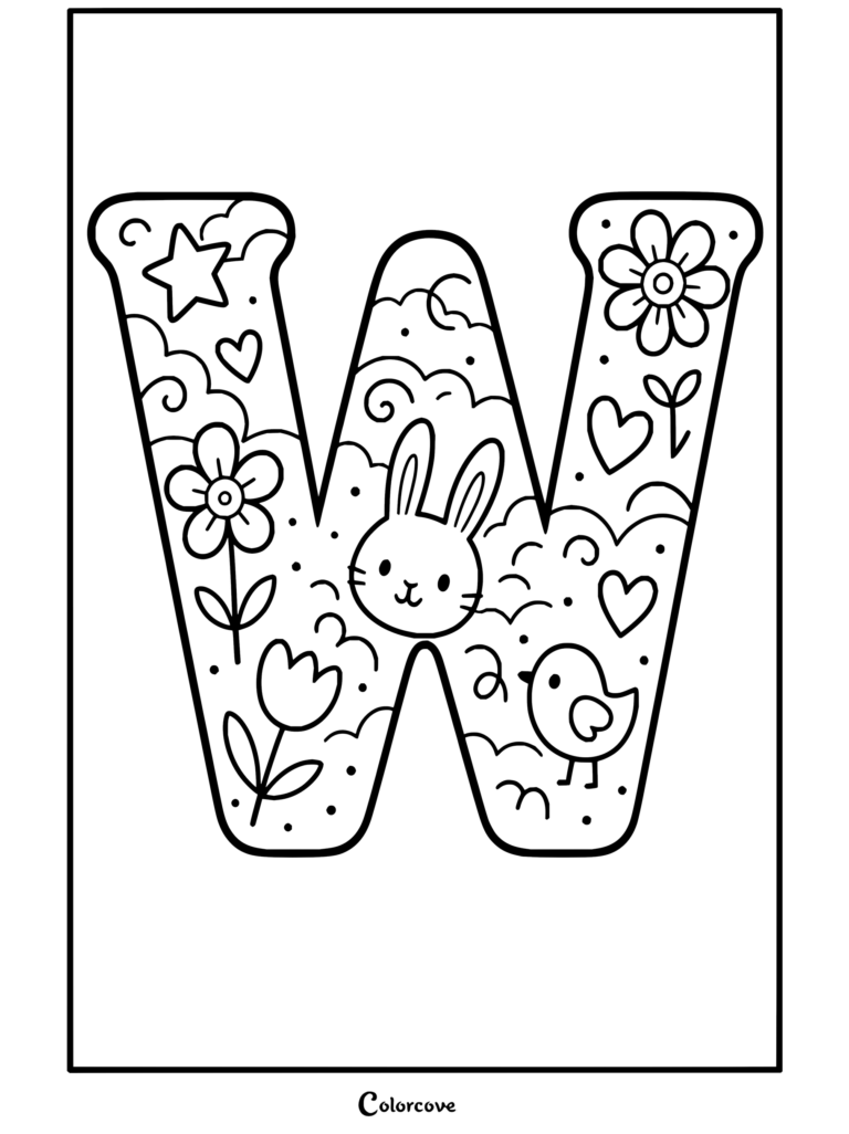 Dibujo para colorear imprimible de Alfabeto con una linda letra W primaveral decorada con un conejito, flores y un pájaro.