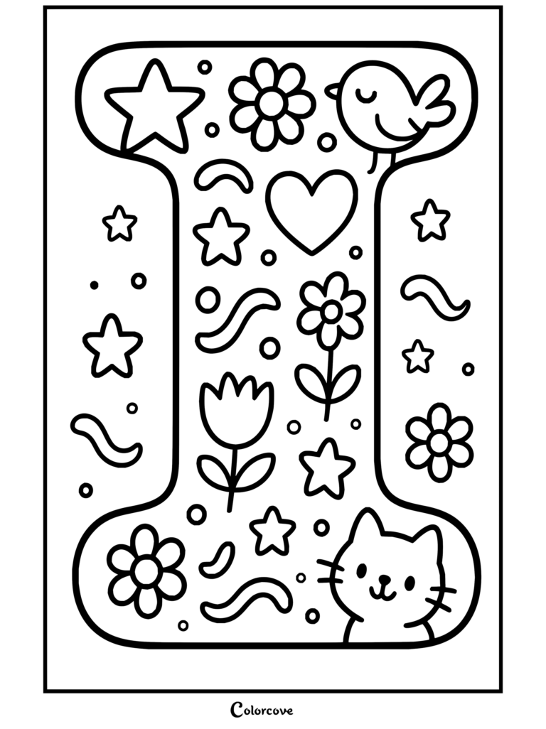 Dibujo para colorear imprimible de Alfabeto con una tierna letra I decorada con flores, animales, estrellas y corazones.
