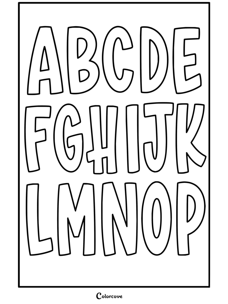 Dibujo para colorear infantil con letras de Alfabeto de la A a la P en fuente de acuarela