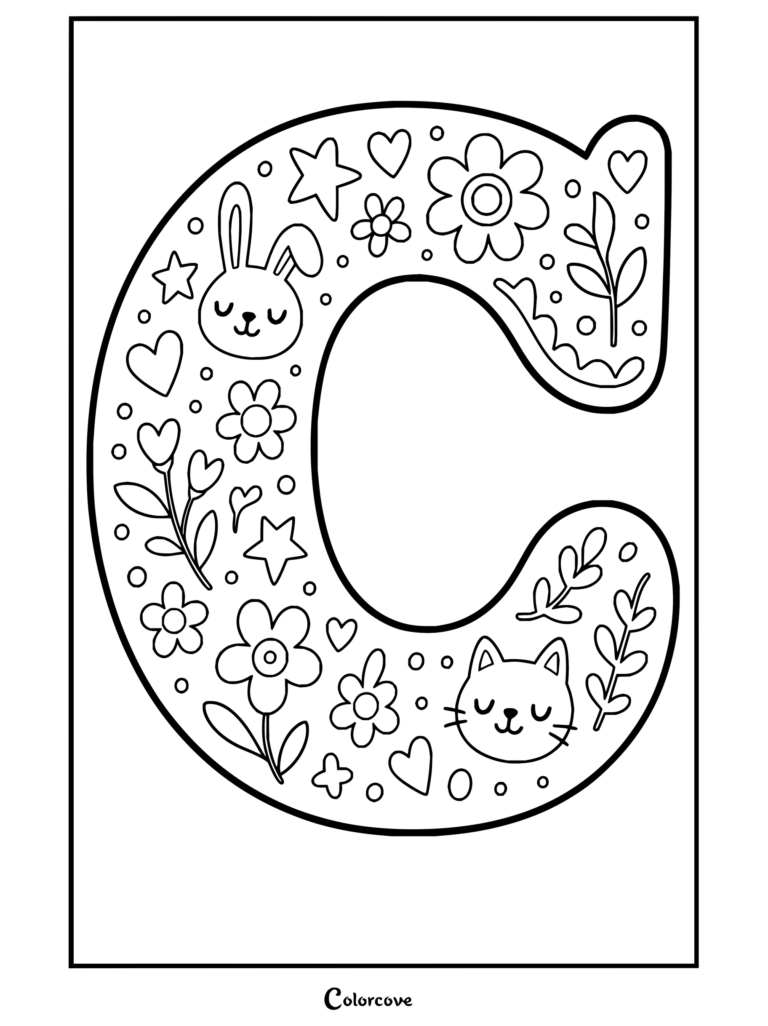 Dibujo para colorear de Alfabeto con la letra C decorativa con lindos animales, flores, un conejito, un gato y estrellas.