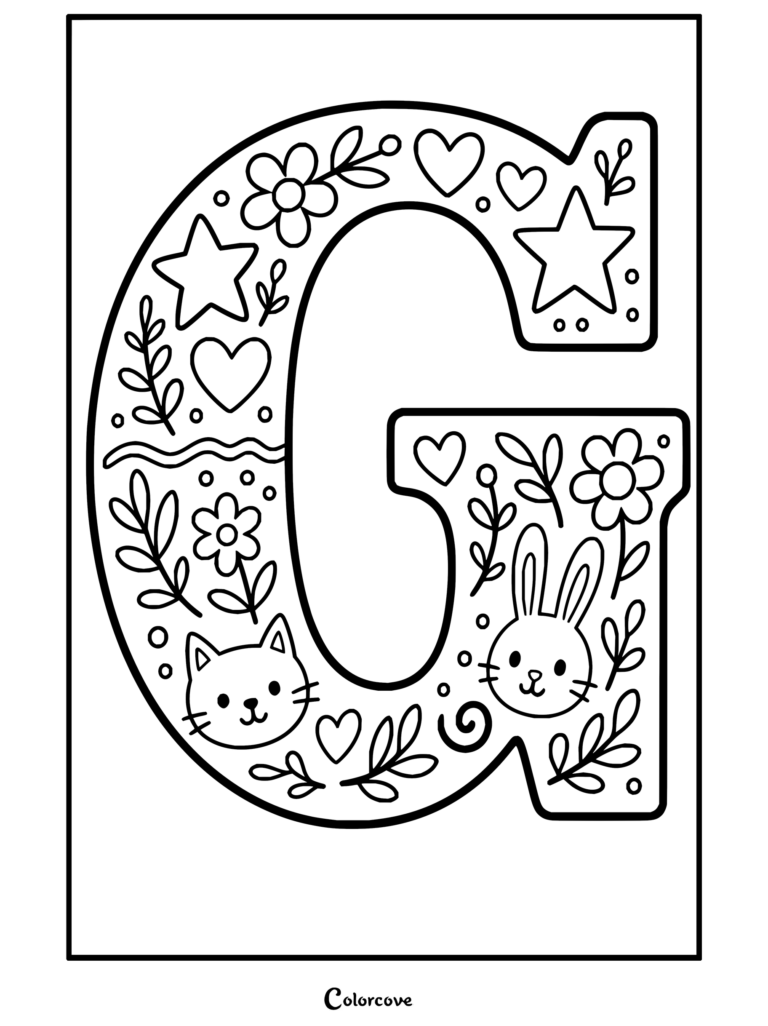 Dibujo para colorear imprimible de una letra G decorativa de Alfabeto adornada con elementos florales, estrellas, corazones, una carita de gato y una de conejito.