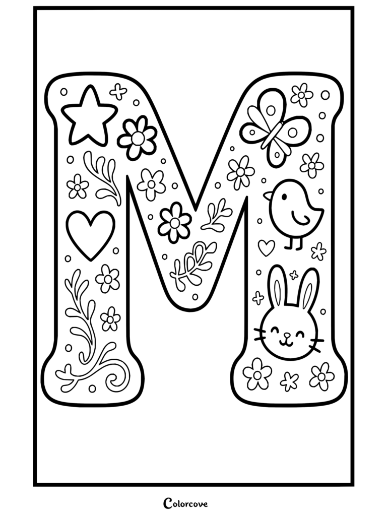 Dibujo para colorear de Alfabeto de primavera con la letra M decorativa e ilustraciones de una estrella, flores, un corazón, una mariposa, un pájaro y un conejito.