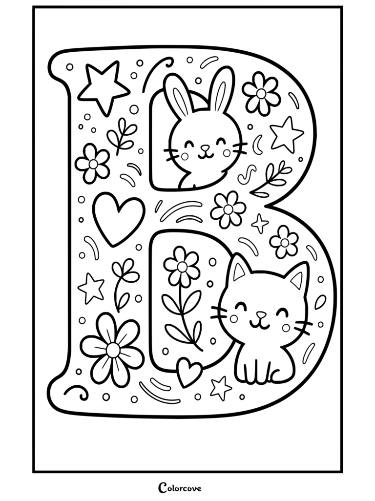 Dibujo para colorear de Alfabeto con la letra B decorada con un lindo conejito, un gato, flores y estrellas.
