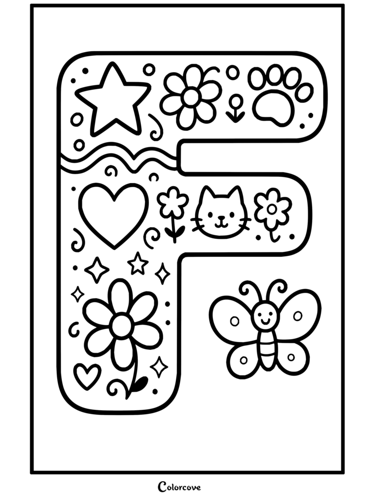 Dibujo para colorear de Alfabeto con la letra F decorada con garabatos, flores, una carita de gato y una estrella.