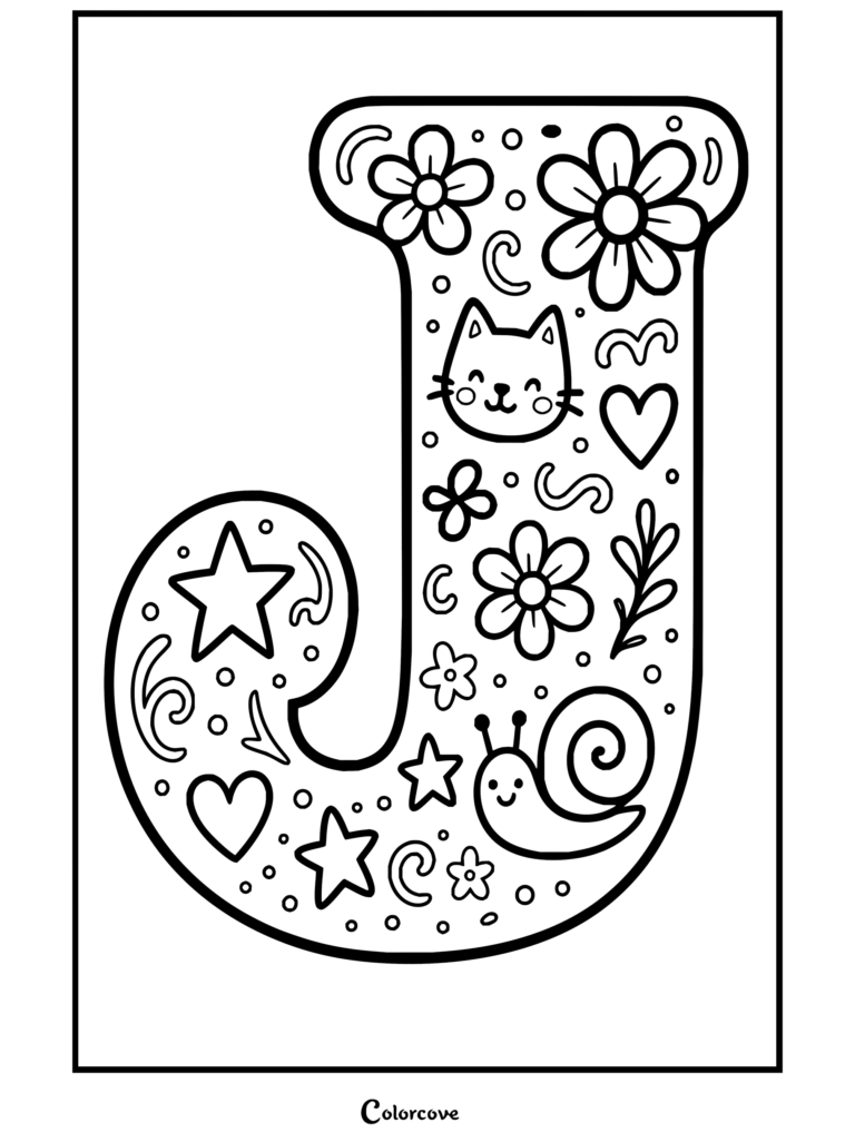 Dibujo para colorear imprimible de Alfabeto con una letra J grande decorada con flores, un gato y un caracol.