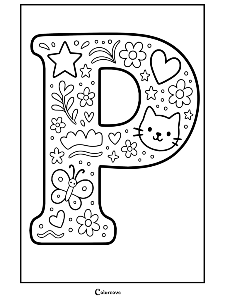Dibujo para colorear de Alfabeto con la letra P decorada con un tierno gato, una mariposa, flores y estrellas.
