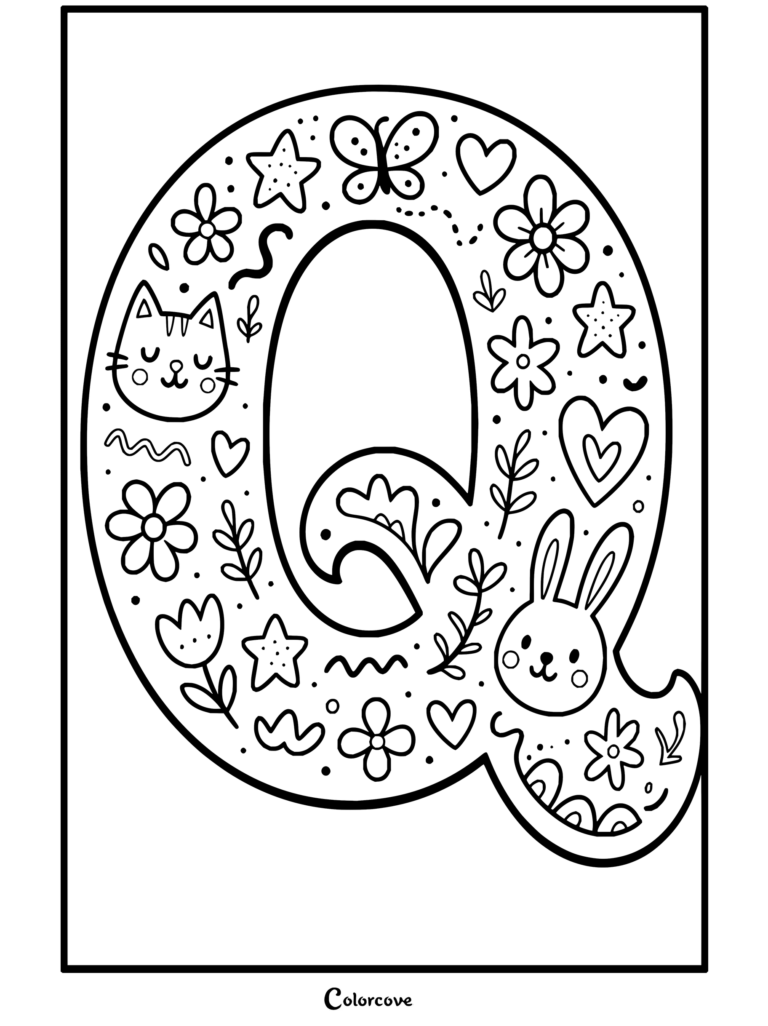 Dibujo para colorear de Alfabeto con la letra Q decorada con lindos animales, flores, corazones y estrellas