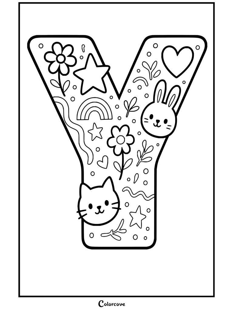 Dibujo para colorear de Alfabeto con la letra Y decorada con lindas pegatinas, flores, animales y estrellas.