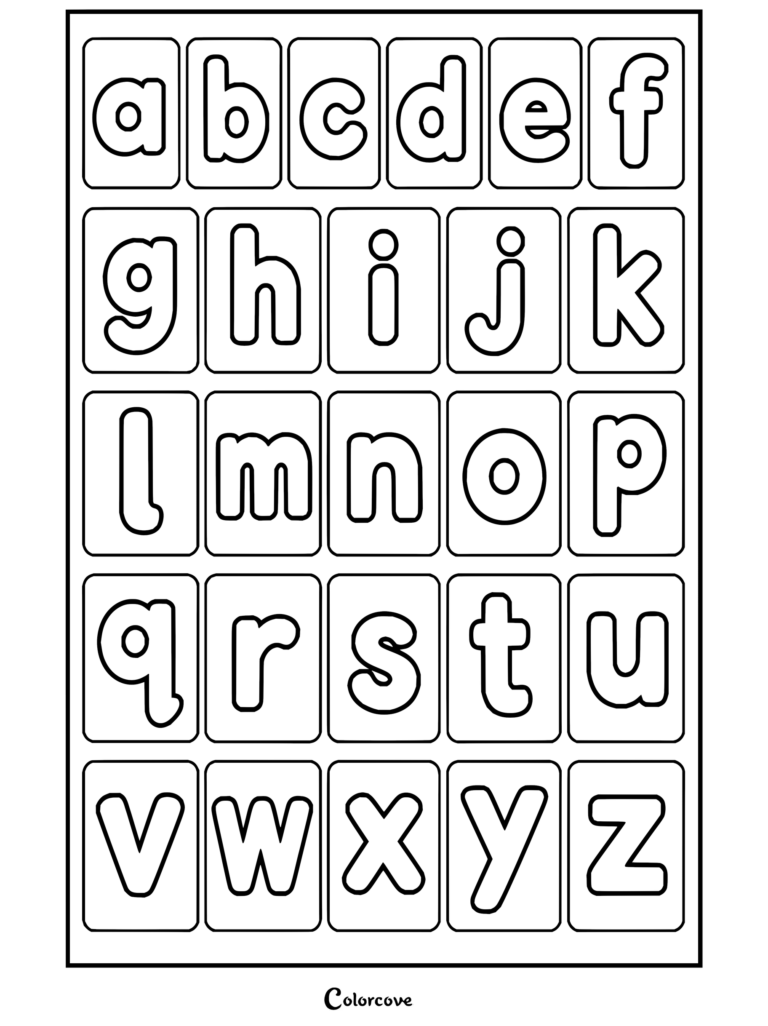 Dibujo para colorear infantil imprimible con tarjetas de letras minúsculas de Alfabeto.
