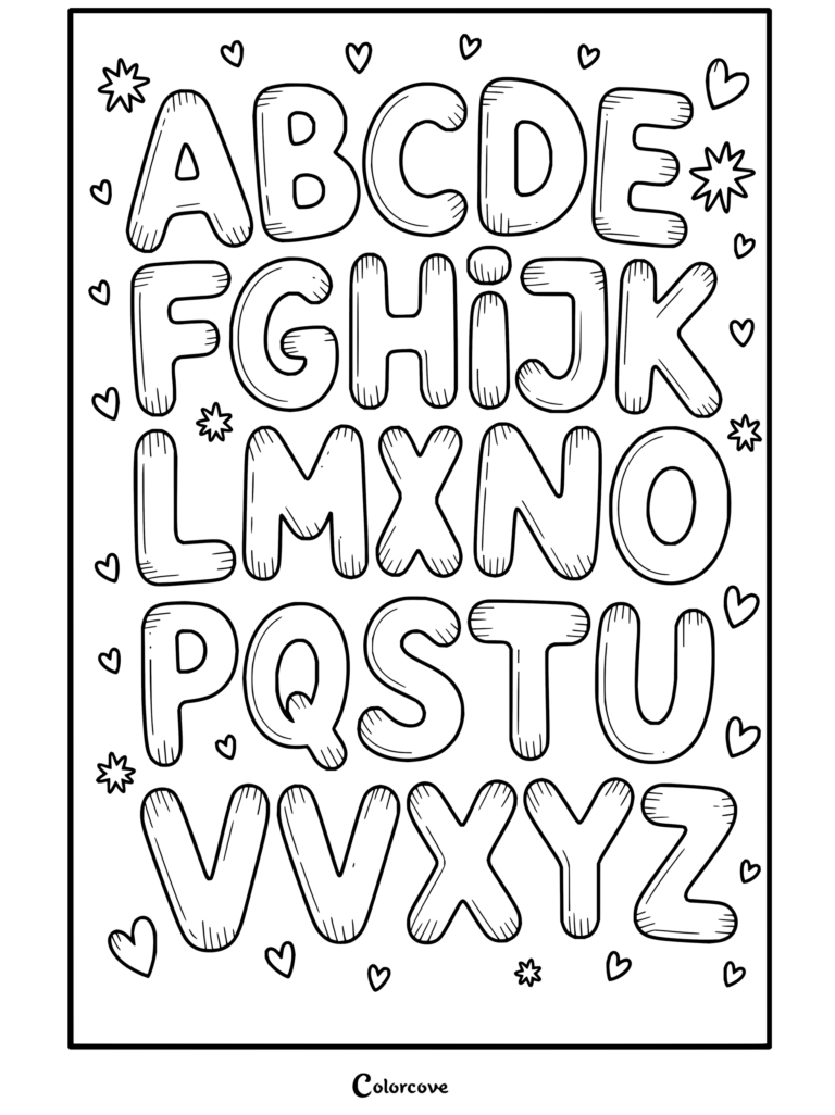 Dibujo para colorear imprimible y gratuito de Alfabeto con letras de burbuja y corazones garabateados.