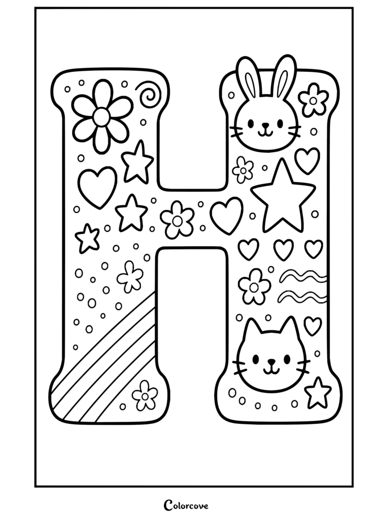 Dibujo para colorear imprimible de Alfabeto con una letra H decorada con lindas pegatinas, flores y animales.
