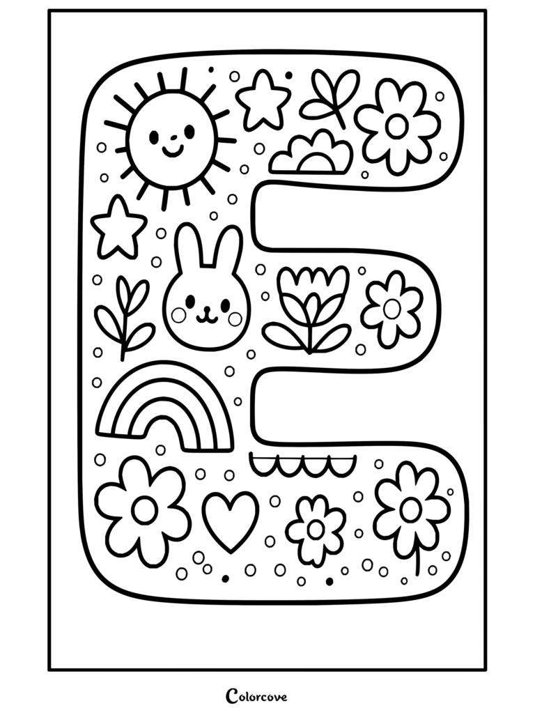 Dibujo para colorear de Alfabeto con la letra E decorada con tiernos garabatos, un sol, un arcoíris, un conejito y flores