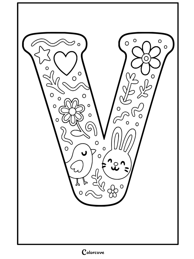 Dibujo para colorear imprimible de Alfabeto con una letra V decorada con elementos de primavera, flores, un conejito y un pollito.