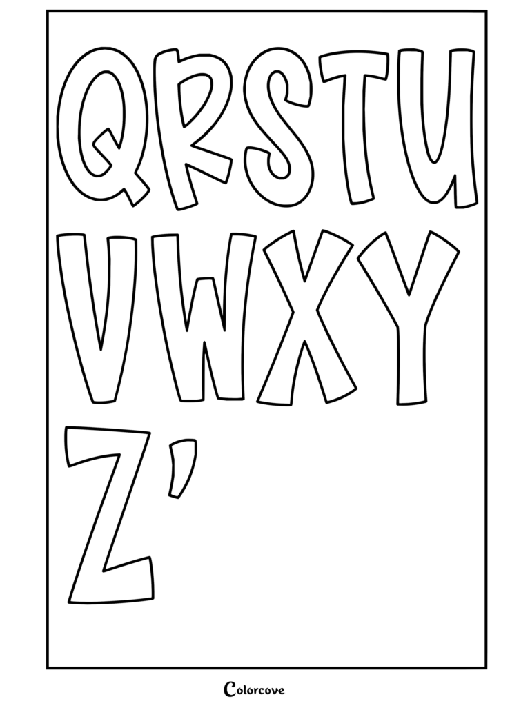 Dibujo para colorear con letras de Alfabeto en acuarela de la Q a la Z con letras mayúsculas en una tipografía divertida.