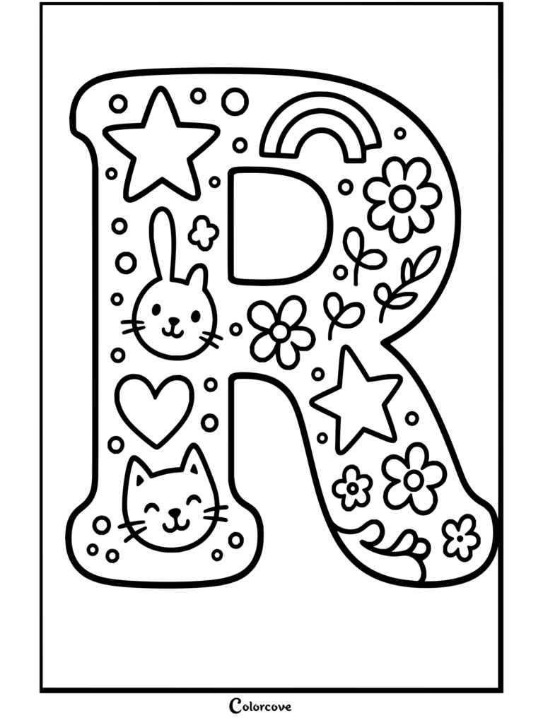 Dibujo para colorear gratuito de Alfabeto con la letra R decorada con lindos garabatos, estrellas, un conejito y un gato.