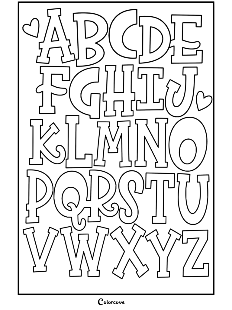 Dibujo para colorear de un póster con letras de Alfabeto de la A a la Z con trazos gruesos.