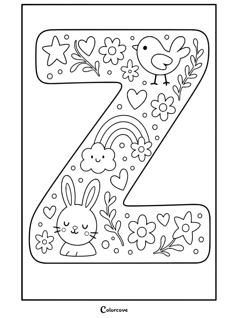 Dibujo para colorear de Alfabeto con la letra Z decorada con tiernas ilustraciones de primavera, flores, un conejito, un pájaro y un arcoíris