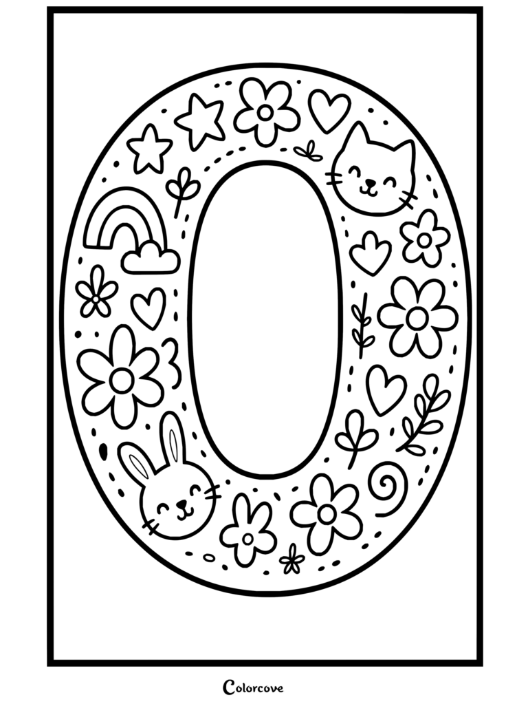 Un lindo dibujo para colorear de Alfabeto con la letra O decorada con animales, flores y un arcoíris.