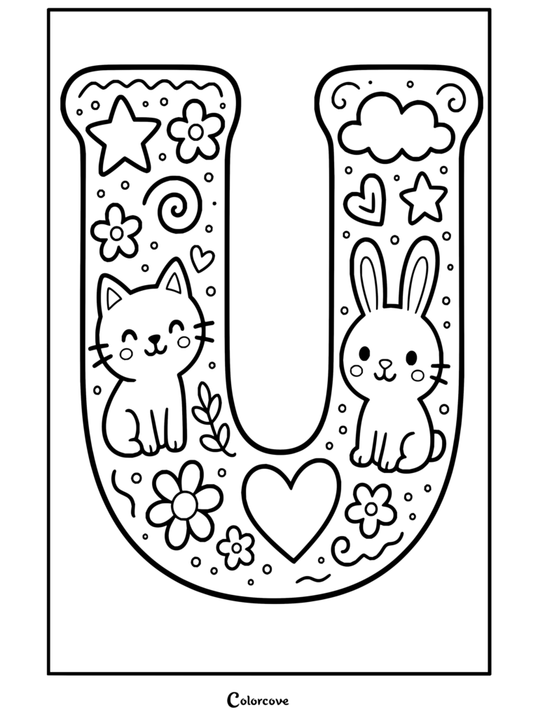 Dibujo para colorear imprimible y gratuito de Alfabeto con una tierna letra U decorada con un gato, un conejito, estrellas, flores y un corazón.