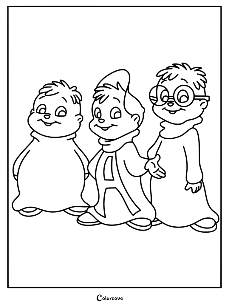 Theodore, Alvin, and Simon standing together in matching hoodies, black and white coloring page for kids