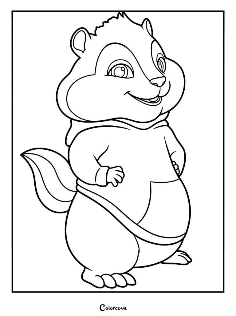 A printable coloring page featuring Theodore Seville standing confidently, wearing his iconic hoodie with a large pocket.