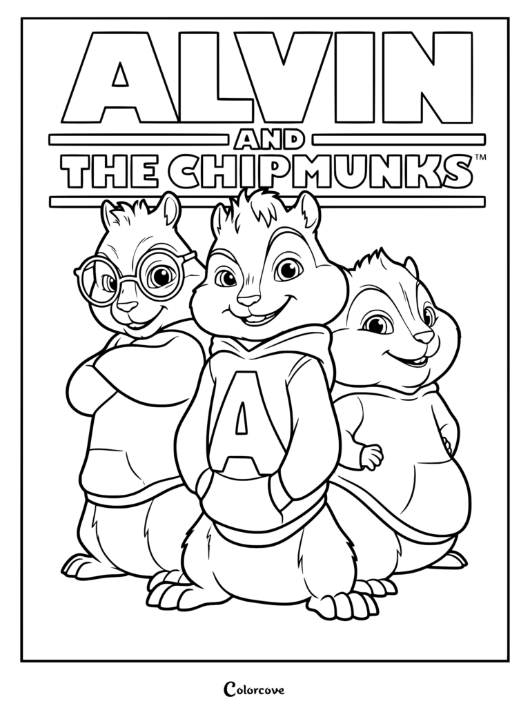Alvin, Simon, and Theodore standing together in a line art coloring page with the official movie logo above them.