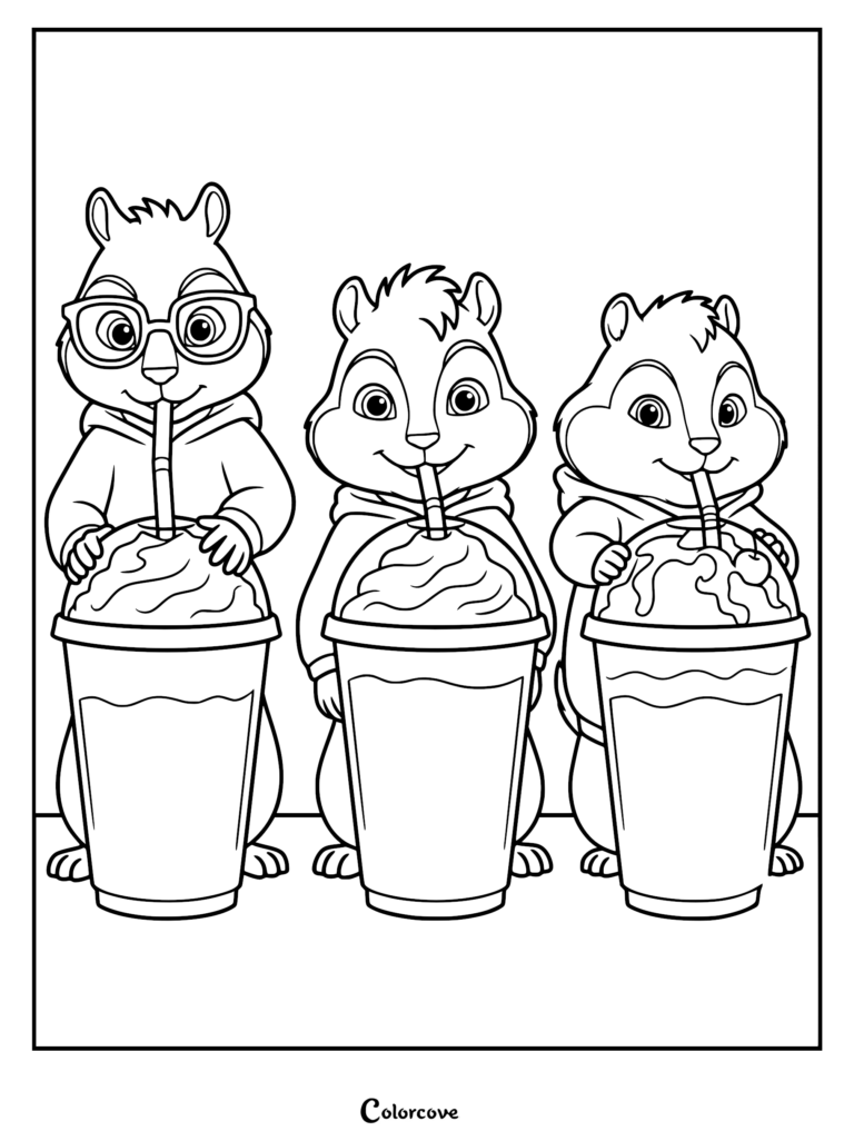 Alvin, Simon, and Theodore coloring page featuring the three chipmunks holding large milkshakes with whipped cream and straws.