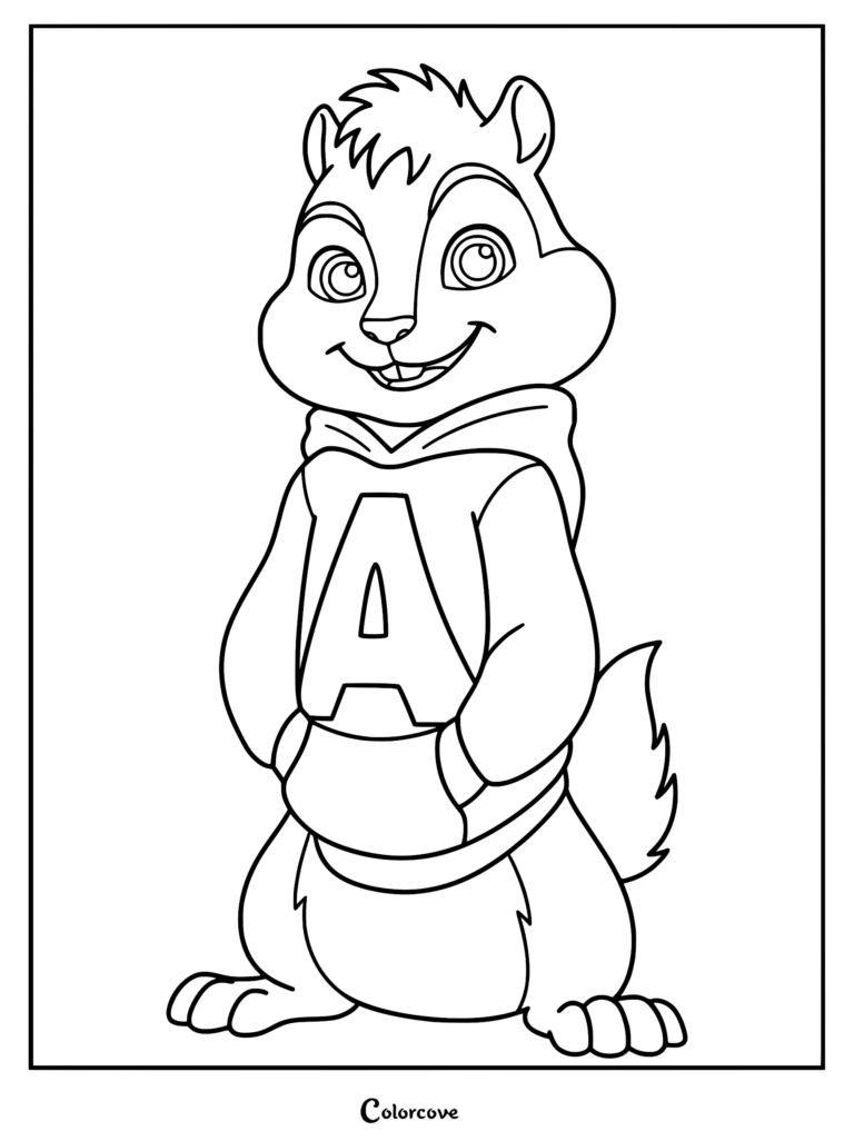 A printable coloring page featuring Alvin from Alvin and the Chipmunks standing with his hands inside his letter A hoodie pocket.