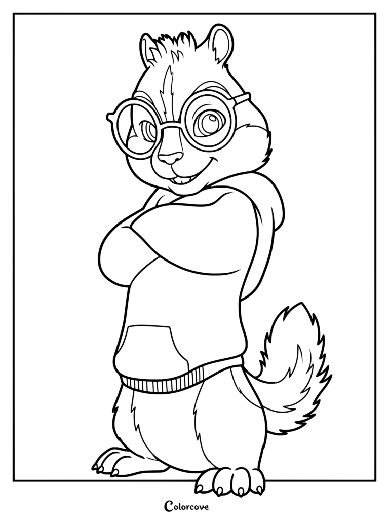 A printable coloring page of Simon from Alvin and the Chipmunks wearing his signature oversized round glasses and a hooded sweatshirt with arms crossed.