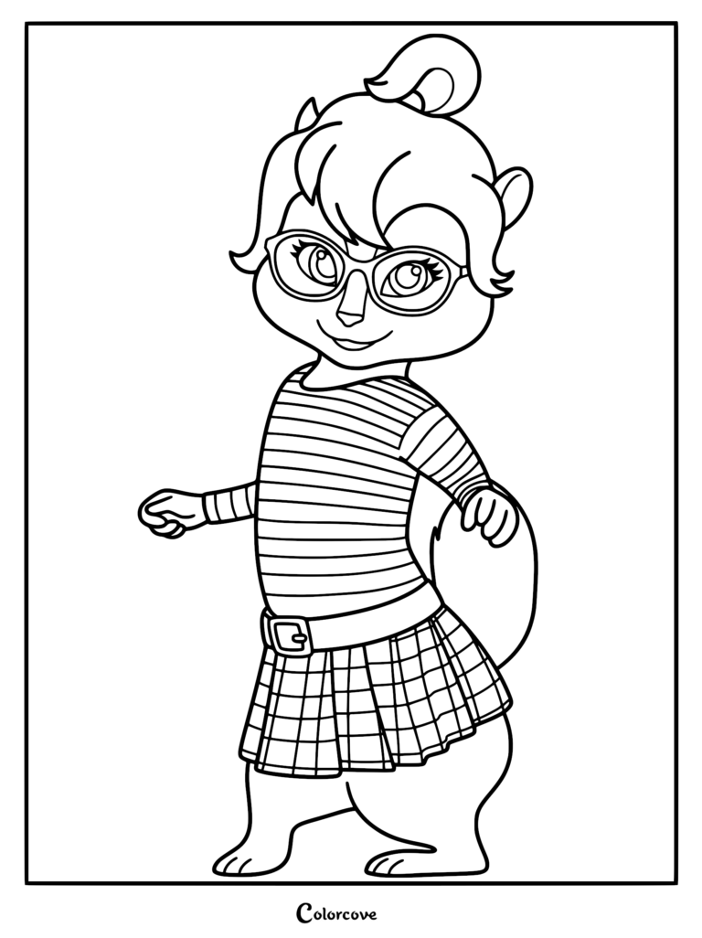 A printable coloring page featuring Brittany Miller from The Chipettes, wearing her signature glasses, striped long-sleeve shirt, and a pleated plaid skirt.