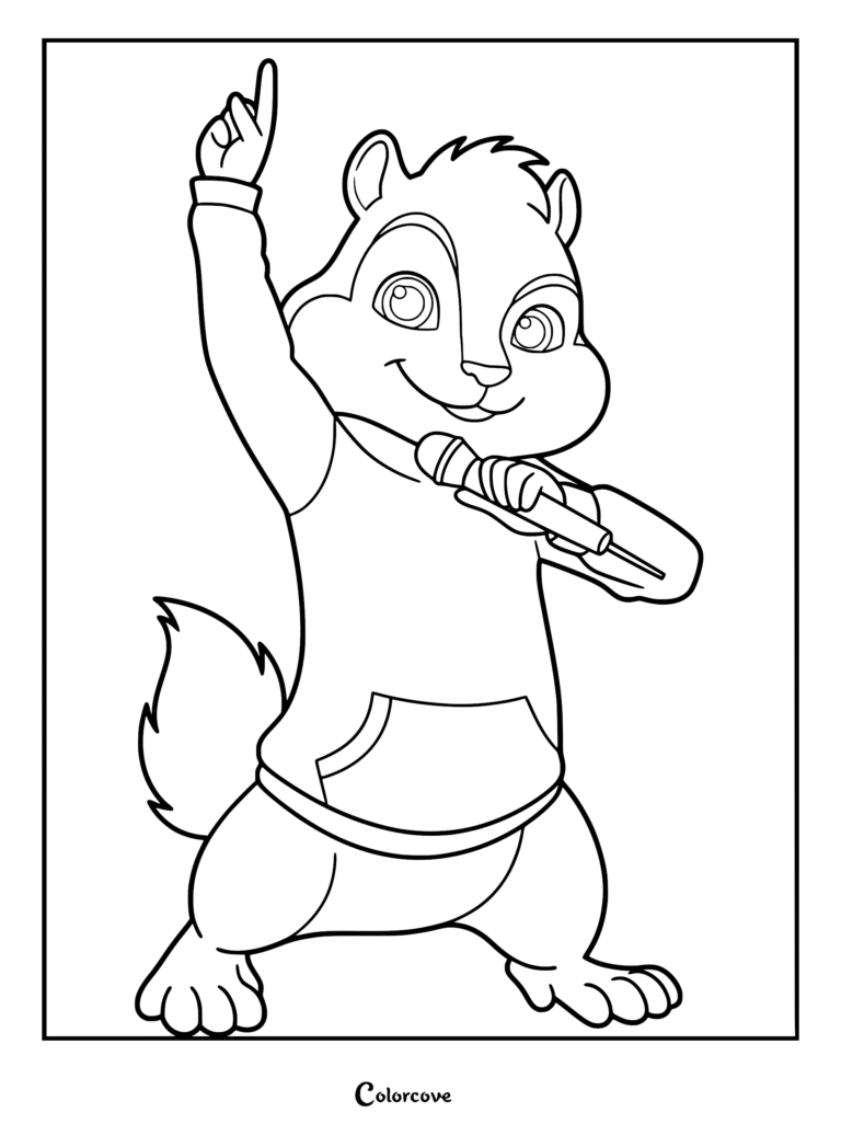 Alvin from The Chipmunks holding a microphone and pointing up in this printable coloring page.
