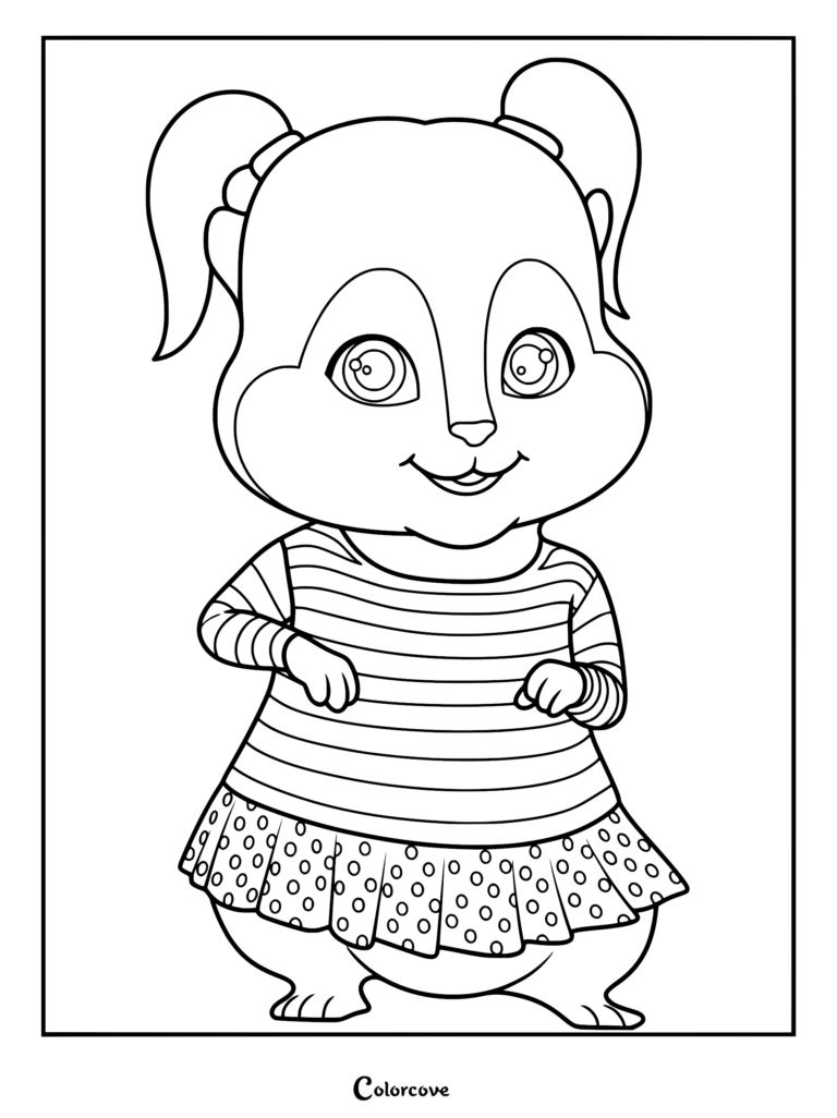 Brittany Miller from Alvin and the Chipmunks coloring page featuring her in a striped shirt and polka-dot skirt with ponytail hair.