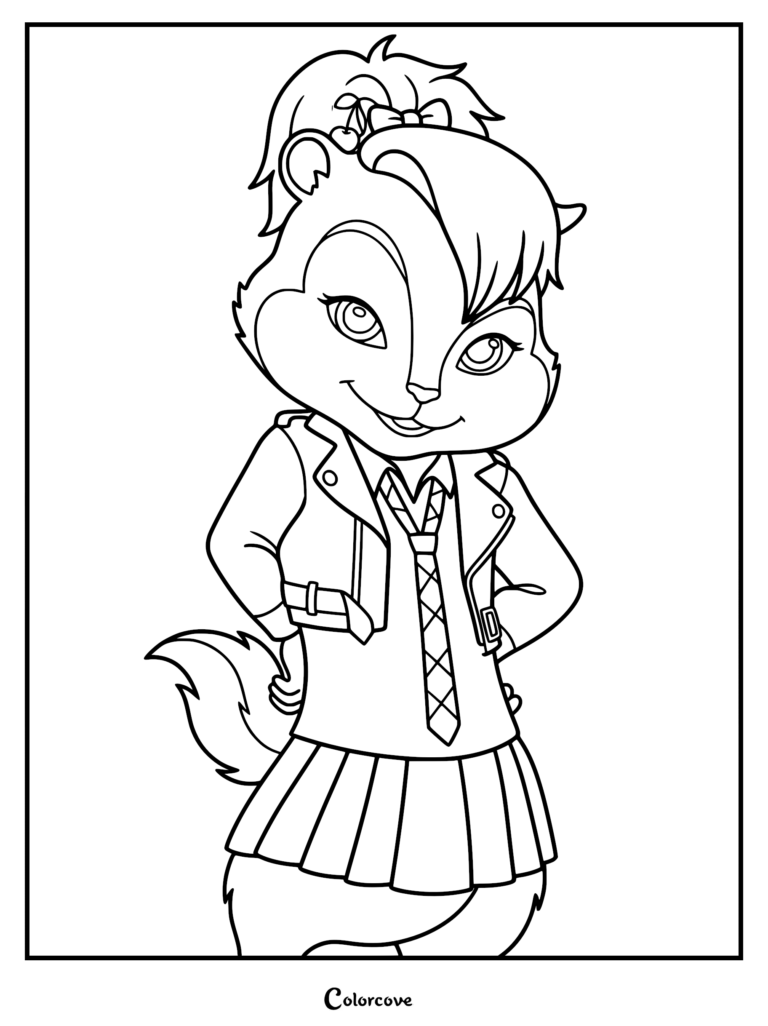 Brittany Miller from Alvin and the Chipmunks wearing a leather jacket and pleated skirt on a printable coloring page.
