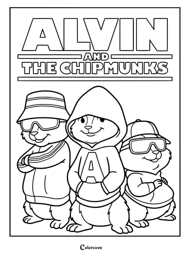 Alvin, Simon, and Theodore wearing hoodies, bucket hats, and sunglasses in this printable Alvin and the Chipmunks coloring page.